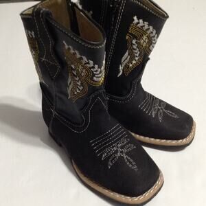 Apache Leather Kids Cowboy Boots Black Sz 7 Embroidered Western Mexico